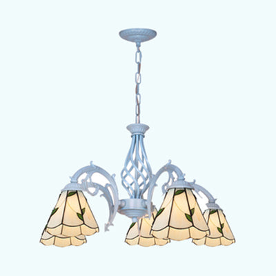 5 Lights Cone Chandelier with Leaf Pattern Height Adjustable Lodge Stained Glass Ceiling Pendant in Beige
