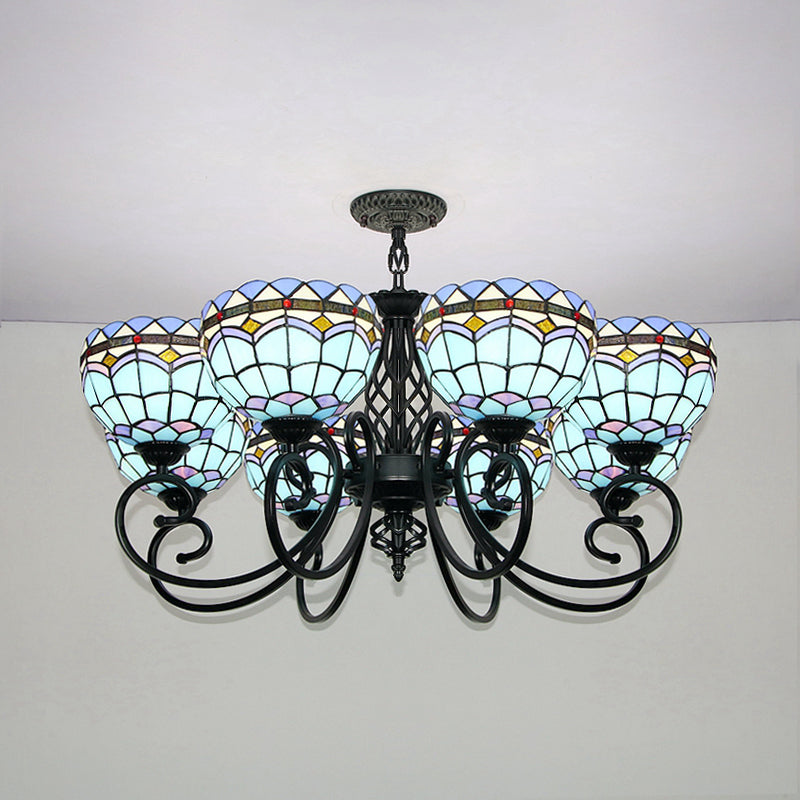 Baroque Indoor Pendant Light with Bowl Shade Stained Glass Ceiling Chandelier in Blue for Hotel