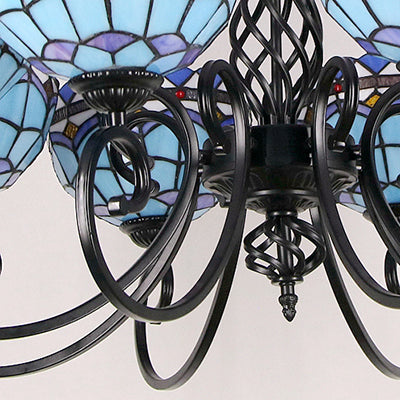 Baroque Indoor Pendant Light with Bowl Shade Stained Glass Ceiling Chandelier in Blue for Hotel