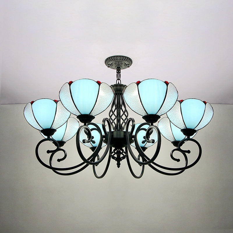 Rustieke bloemblaadvorm Kroonluchter lichtblauw en helder glazen schaduw 8 lichten hanglamp voor gang