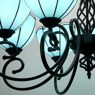 Blue Scalloped Hanging Light with Curved Arm Loft Style 8 Lights Stained Glass Chandelier in Blue