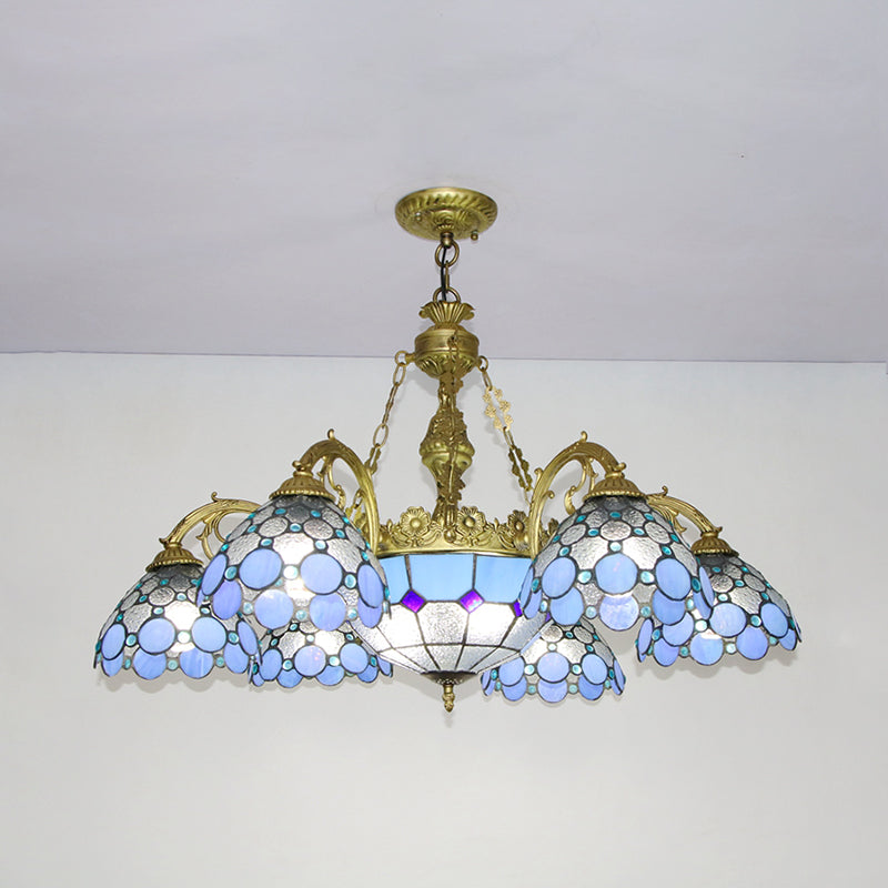 Mediterranean Dome Hanging Pendant Light Multi Light Stained Glass Chandelier Lamp in Blue