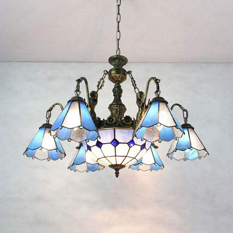Blue 9 Lights Pendant Chandelier Tiffany Stained Glass Conical Hanging Light for Dining Room