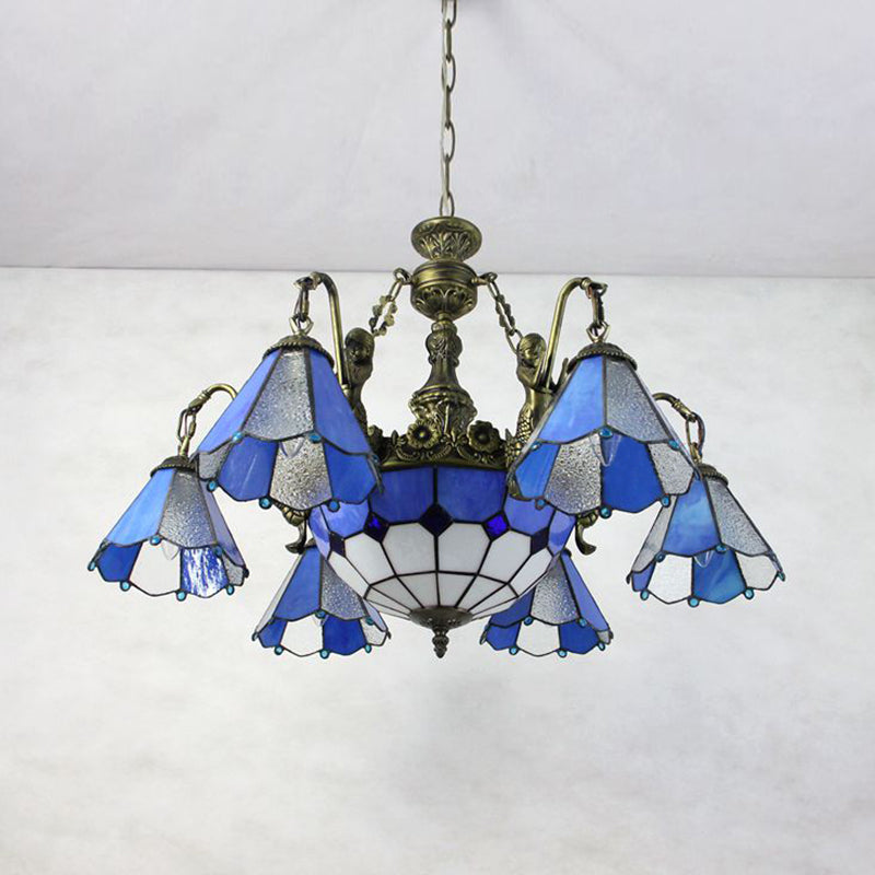 Blue 9 Lights Pendant Chandelier Tiffany Stained Glass Conical Hanging Light for Dining Room
