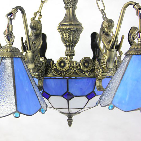 Blau 9 Lichter Anhänger Kronleuchter Tiffany Buntglas konisch hängende Licht für Esszimmer