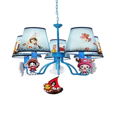 Cartoon Pirat -Kronleuchter mit verjüngten Schatten Metall 5 Köpfen Blau Anhänger Licht für Jungen Schlafzimmer