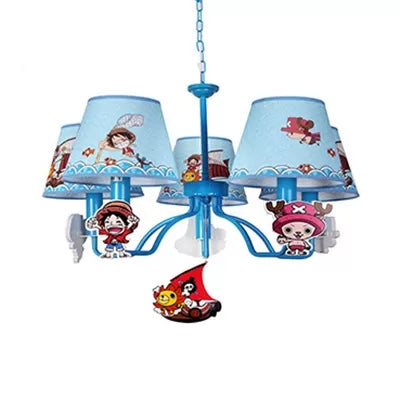 Cartoon Pirat -Kronleuchter mit verjüngten Schatten Metall 5 Köpfen Blau Anhänger Licht für Jungen Schlafzimmer