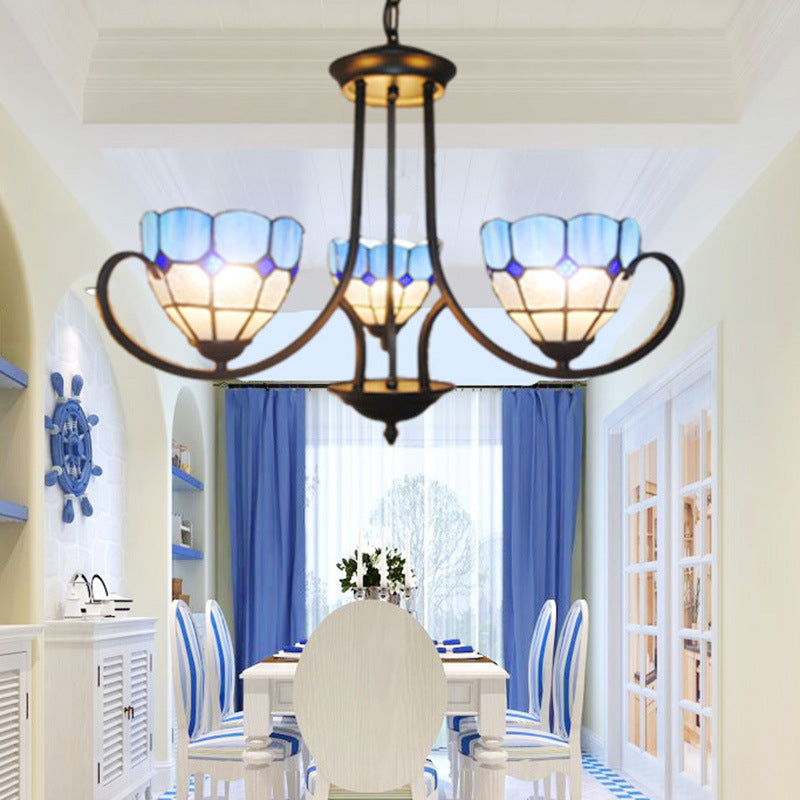 Baroque Bowl Hanging Ceiling Light 3 Lights Stained Glass Pendant Lighting in Blue for Foyer