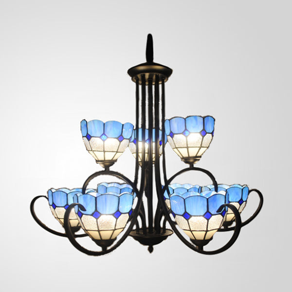 Multi Light Bowl Chandelier Light Blue Glass Ceiling Pendant Light in Black Finish for Living Room