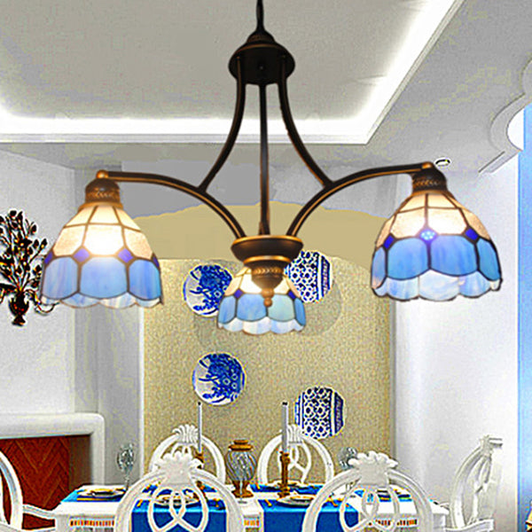 Domed Indoor Chandelier Light 3 Lights Stained Glass Hanging Light in Blue for Dining Table