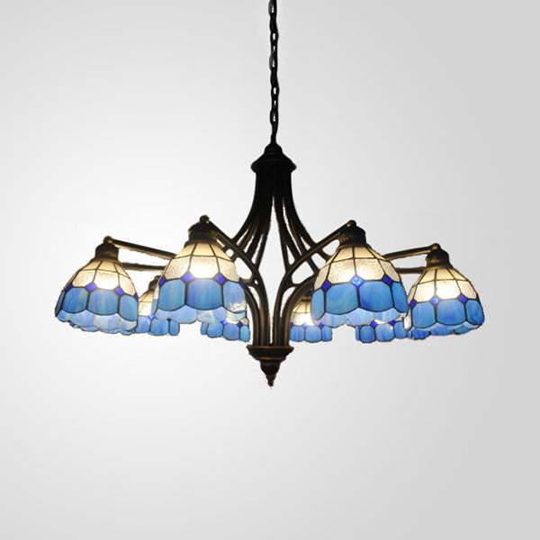 Dome Chandelier Lighting Mediterranean 8 Lights Blue Glass Ceiling Pendant Light for Dining Table