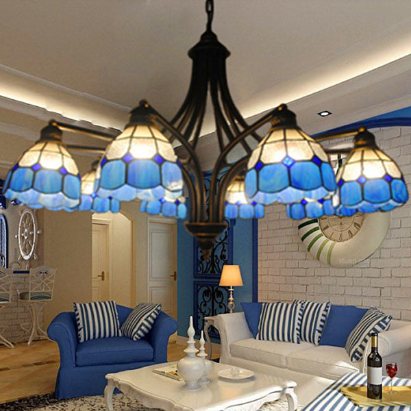 Dome Chandelier Lighting Mediterranean 8 Lights Blue Glass Ceiling Pendant Light for Dining Table