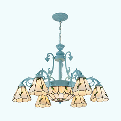 Rustic Leaf Hanging Ceiling Light with Metal Chain Multi Light Stained Glass Indoor Chandelier Lighting