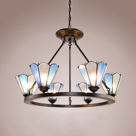 Conical Pendant Lighting with Ring Stained Glass 6 Lights Traditional Chandelier Lamp in Blue