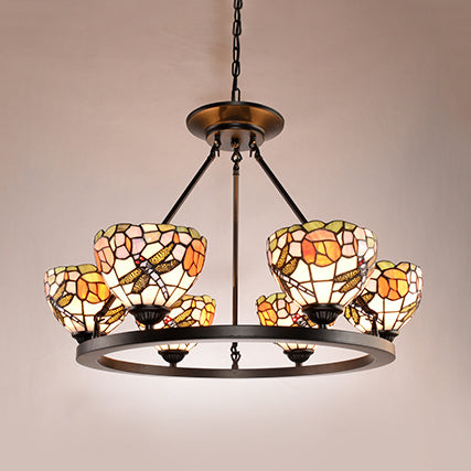 Dragonfly Suspension Light with Bowl Shade Stained Glass 6 Lights Indoor Chandelier Light for Foyer