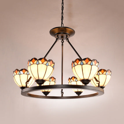 Tiffany Bowl Ceiling Pendant with Scalloped Edge 6 Lights Stained Glass Chandelier Light for Bedroom
