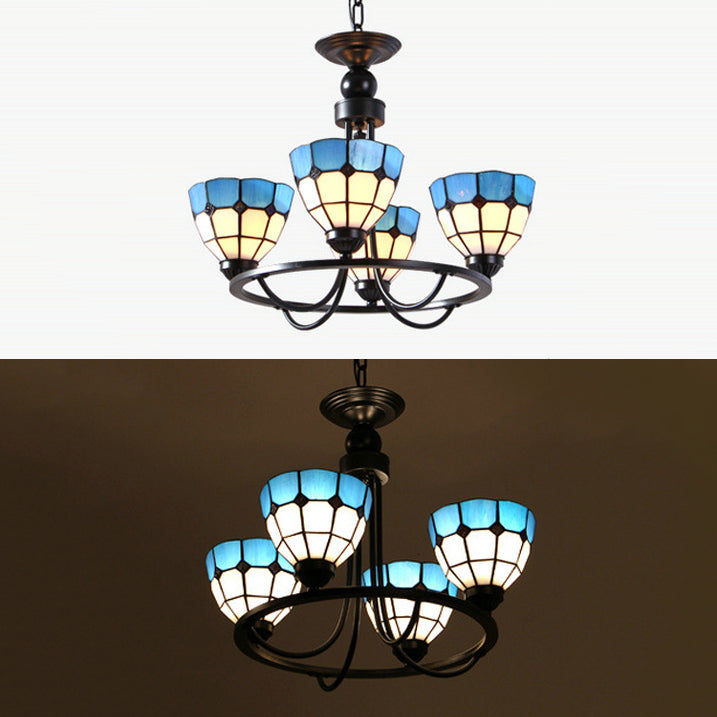Blue Glass Bowl Ceiling Hanging Light 4 Lights Mediterranean Chandelier Lamp for Bedroom