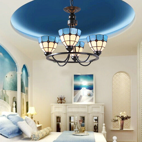 Blaue Glasschüssel Decke Hängende Licht 4 Lichter Mittelmeer Kronleuchter Lampe für Schlafzimmer