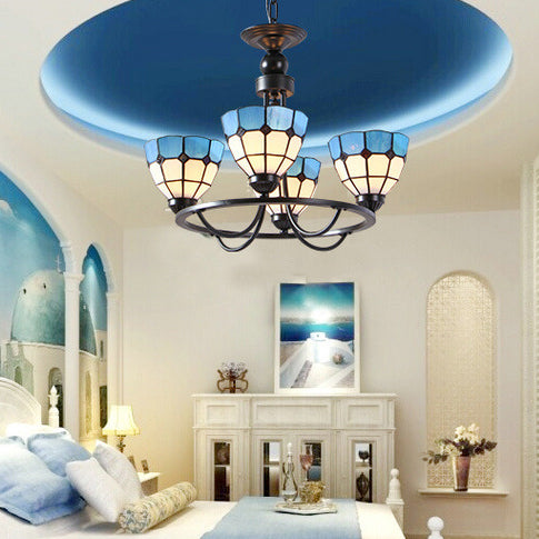 Blue Glass Bowl Ceiling Hanging Light 4 Lights Mediterranean Chandelier Lamp for Bedroom