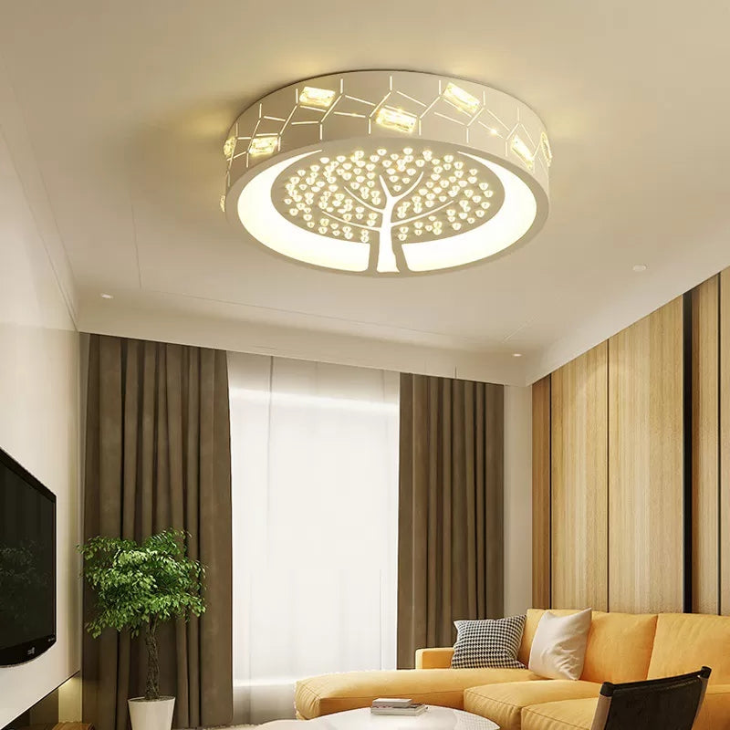 Lámpara de techo blanca de dibujos animados, luz de techo empotrada LED de metal redonda grabada con árbol para tienda de hotel