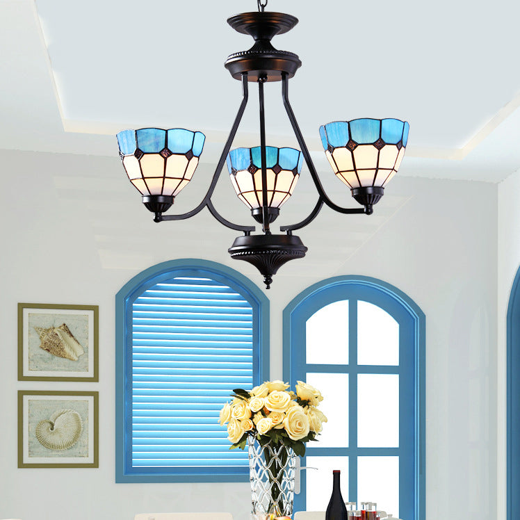 3 Lights Bowl Hanging Light with Metal Chain Adjustable Blue Glass Baroque Chandelier