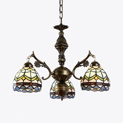 3 Lights Semi Globe Chandelier with Hanging Chain Stained Glass Baroque Ceiling Pendant in Blue