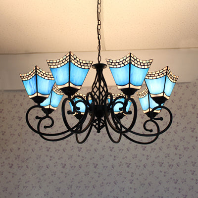 Nautical Trapezoid Hanging Light with Blue Glass Shade 8 Lights Living Room Lighting