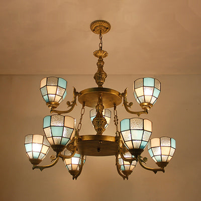2 Tiers Bowl Hanging Chandelier with 10" Adjustable Chain 9 Lights Stained Glass Living Room Lighting