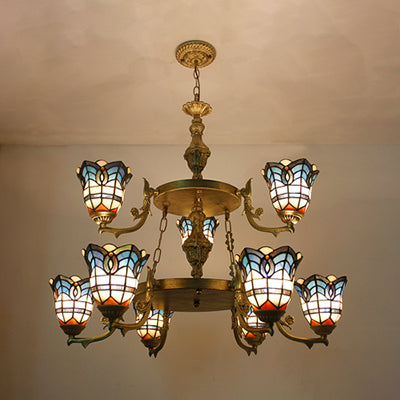Baroque Bell Suspended Light with Adjustable Chain Stained Glass 2 Tiers Chandelier Lighting in Blue