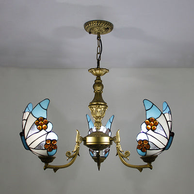 3 Lights Butterfly Hanging Light Loft Style Stained Glass Ceiling Chandelier with Chain in White/Red/Blue/Orange-Green