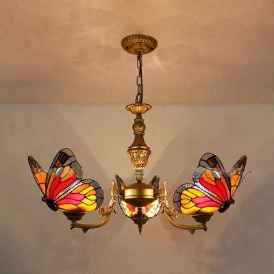 3 Lights Butterfly Hanging Light Loft Style Stained Glass Ceiling Chandelier with Chain in White/Red/Blue/Orange-Green