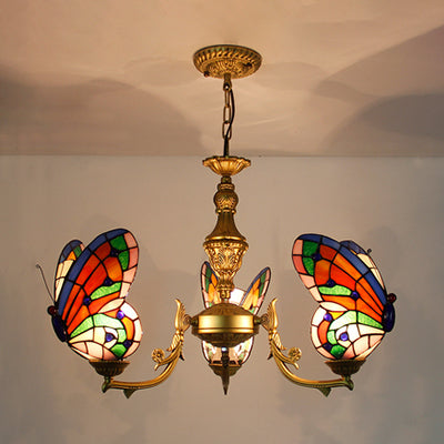3 Lights Butterfly Hanging Light Loft Style Stained Glass Ceiling Chandelier with Chain in White/Red/Blue/Orange-Green