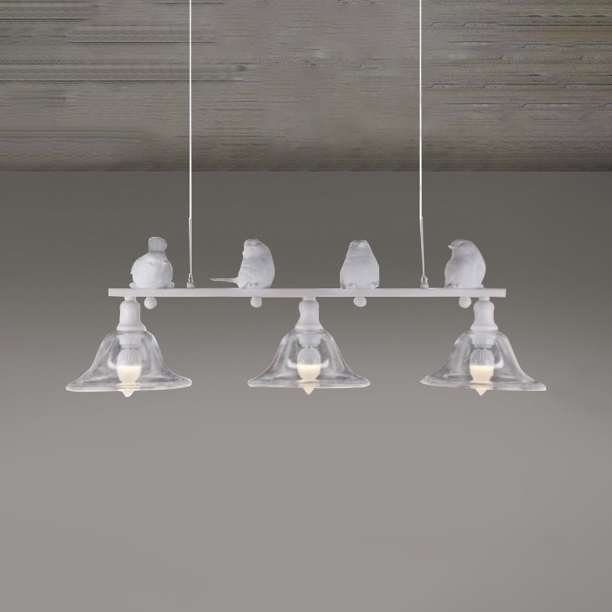 3-Bulb Clear Glass Island Lamp Rustic Black Flared Kitchen Pendant Lighting with Bird Decoration