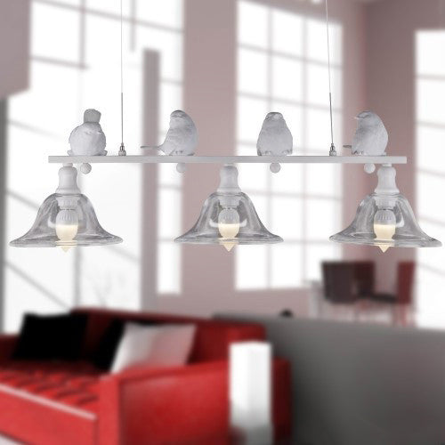 3-Bulb Clear Glass Island Lamp Rustic Black Flared Kitchen Pendant Lighting with Bird Decoration