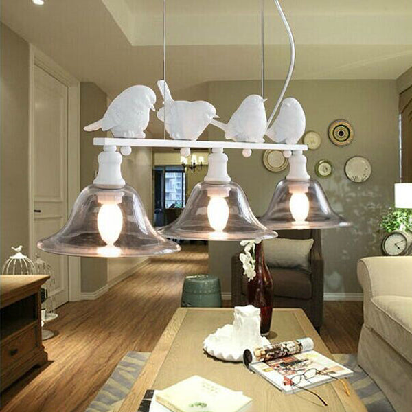 3-Bulb Clear Glass Island Lamp Rustic Black Flared Kitchen Pendant Lighting with Bird Decoration