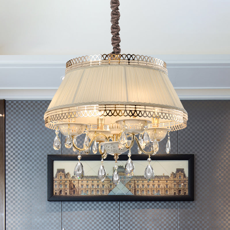Candelera colgante moderna 4 bulbos con sombra de tela Beige Tambor tapered Crystal Down Lighting