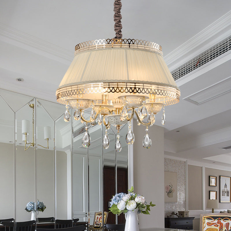 Candelera colgante moderna 4 bulbos con sombra de tela Beige Tambor tapered Crystal Down Lighting