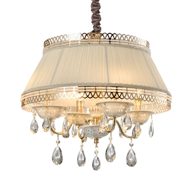 Candelera colgante moderna 4 bulbos con sombra de tela Beige Tambor tapered Crystal Down Lighting