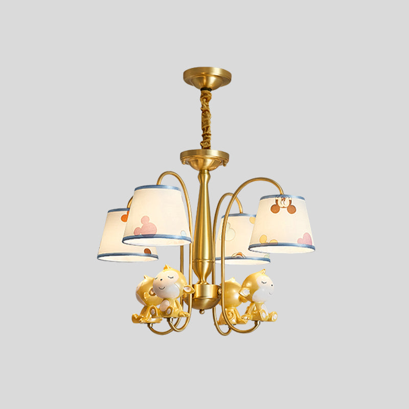 Pendre de chambre à coucher de singe Métal de métal 4 Bulbes Suspension Cartoon Lumière avec une nuance de tissu bleu en laiton