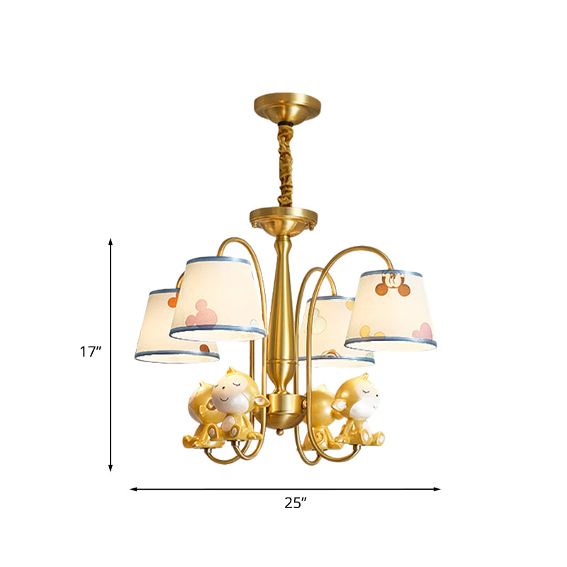 Pendre de chambre à coucher de singe Métal de métal 4 Bulbes Suspension Cartoon Lumière avec une nuance de tissu bleu en laiton