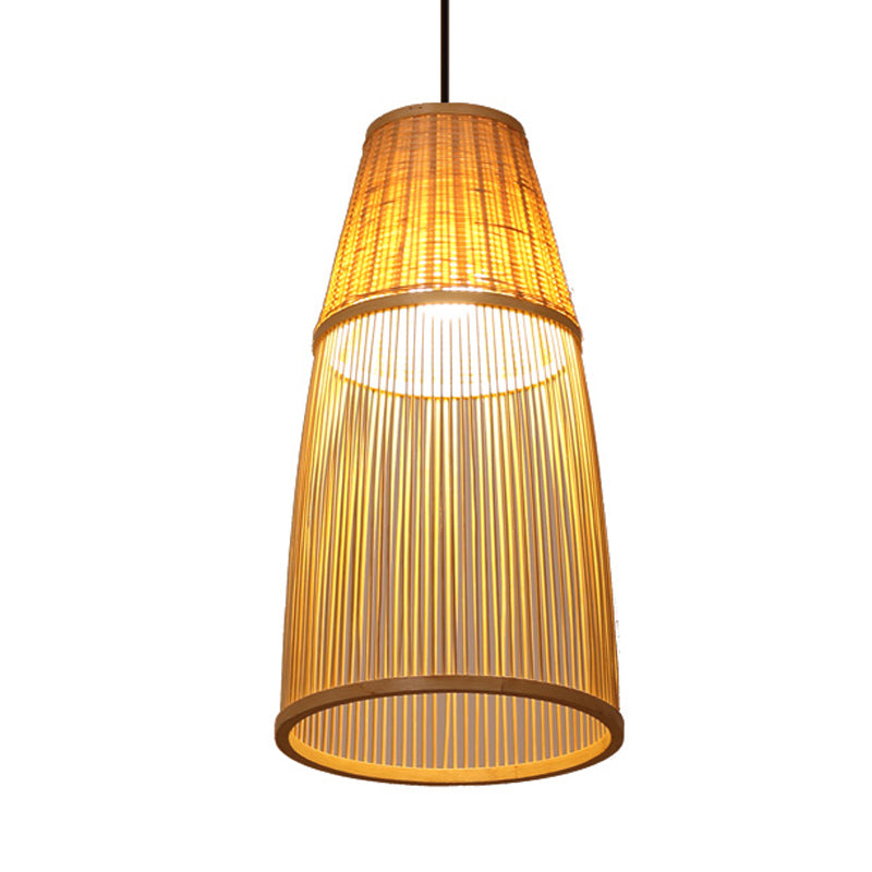 Beige Cone Down Lighting Asia Style 1 Head Bamboo Rattan Pendulum Lamp for Tea Room