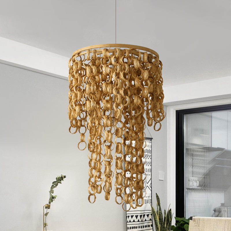 Luce a sospensione quadrata/rotonda con design a cascata Asia Bamboo rattan a 2-bulba lampada a sospensione beige lampadina
