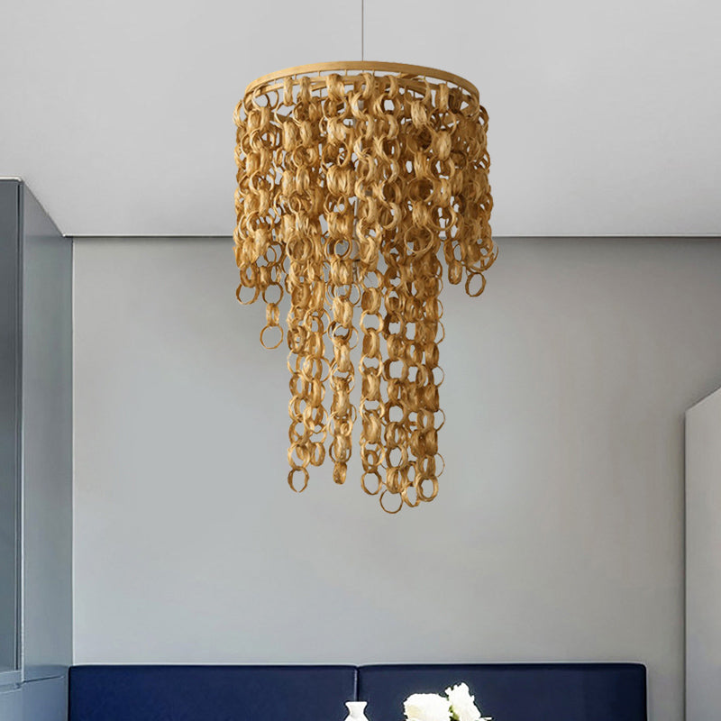 Luz colgante cuadrada/redonda con diseño de cascada asia bambú rattan 2 bulb beige lámpara colgante