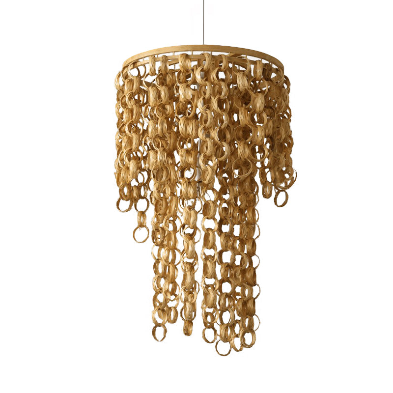 Square/Round Hanging Light with Waterfall Design Asia Bamboo Rattan 2-Bulb Beige Chandelier Pendant Lamp
