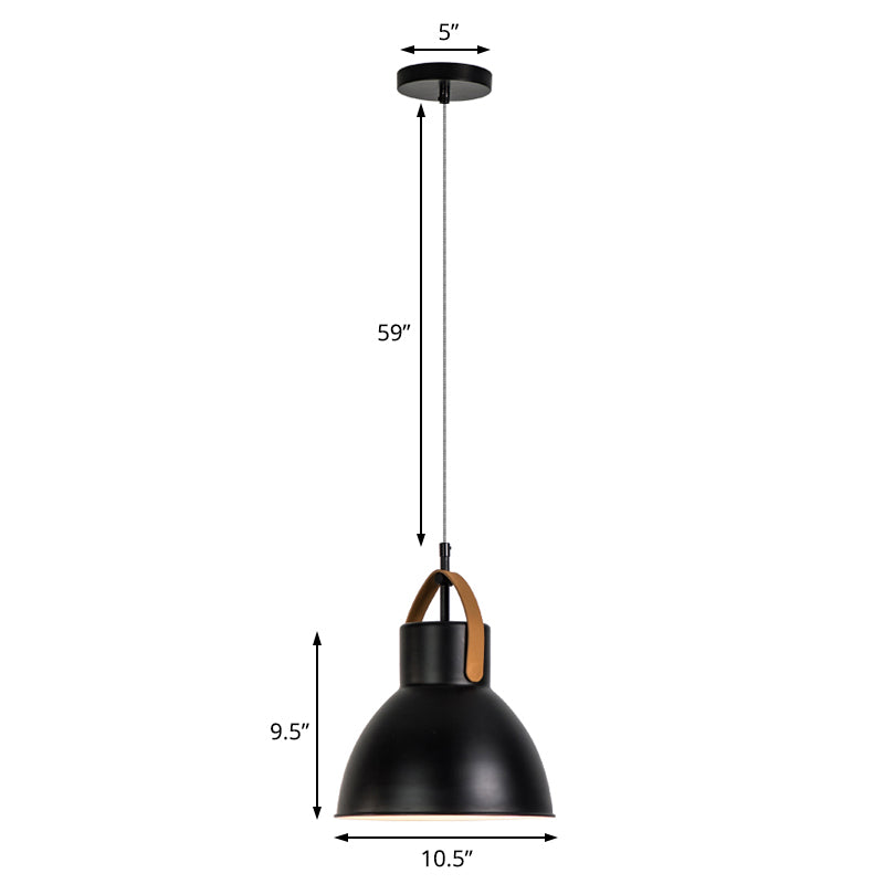 1 Head Hanging Light Industrial Domed Metallic Pendant Lamp with Glass Diffuser and Leather Strap in Black