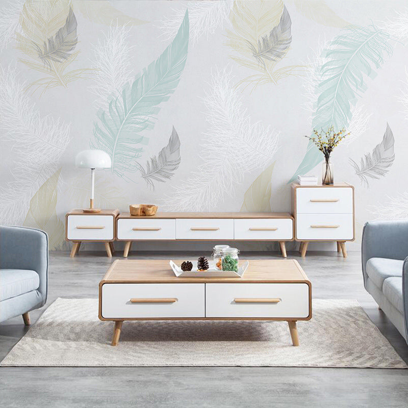 Full Size Feather Wall Art in Grey and Blue Non-Woven Fabric Mural Wallpaper for Home Decoration, Made to Measure