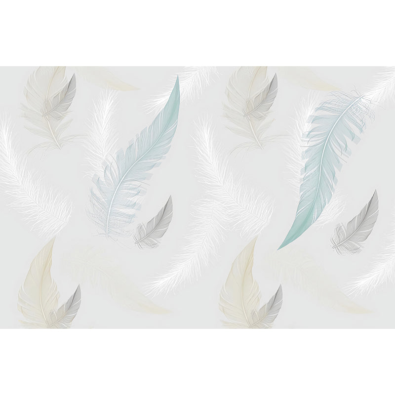 Full Size Feather Wall Art in Grey and Blue Non-Woven Fabric Mural Wallpaper for Home Decoration, Made to Measure