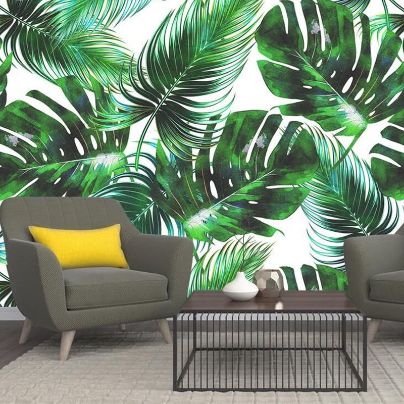 Banana Leaf Mural Wallpaper for Thai Restaurant, Tropical Wall Decor in Dark Green
