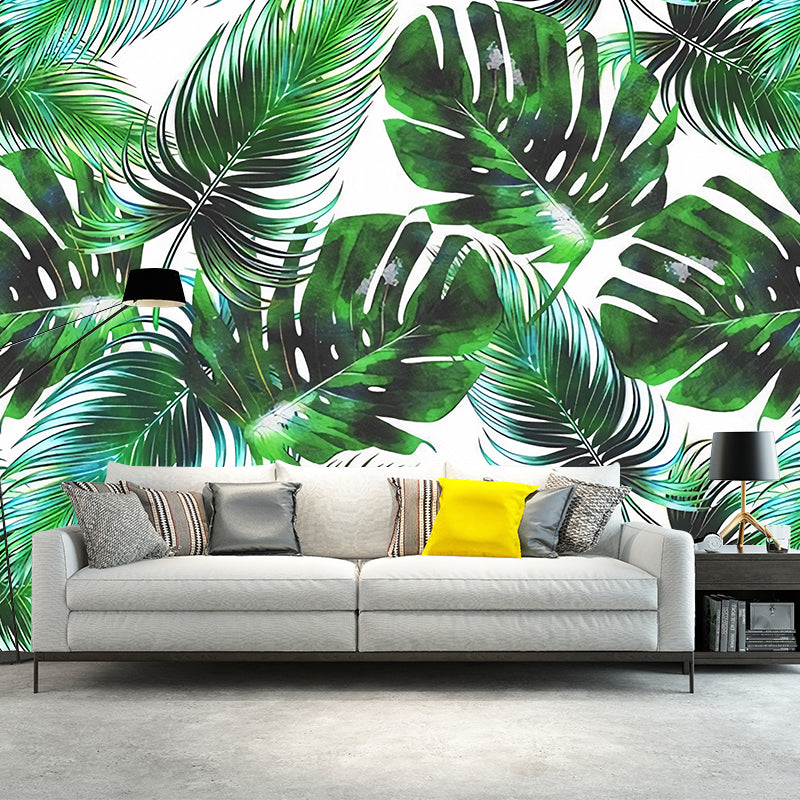 Banana Leaf Mural Wallpaper for Thai Restaurant, Tropical Wall Decor in Dark Green
