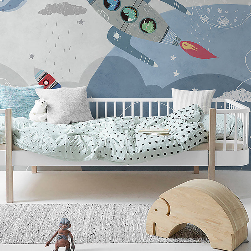 Blue and Grey Rocket Mural Waterproof Wall Covering for Children's Bedroom